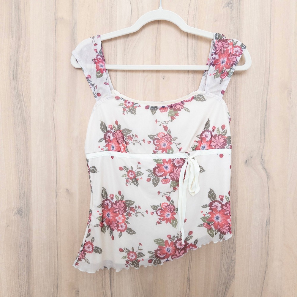 Poeselle Womens Babydoll Top M/L White Floral Asymmetrical Coquette‎ Romantic